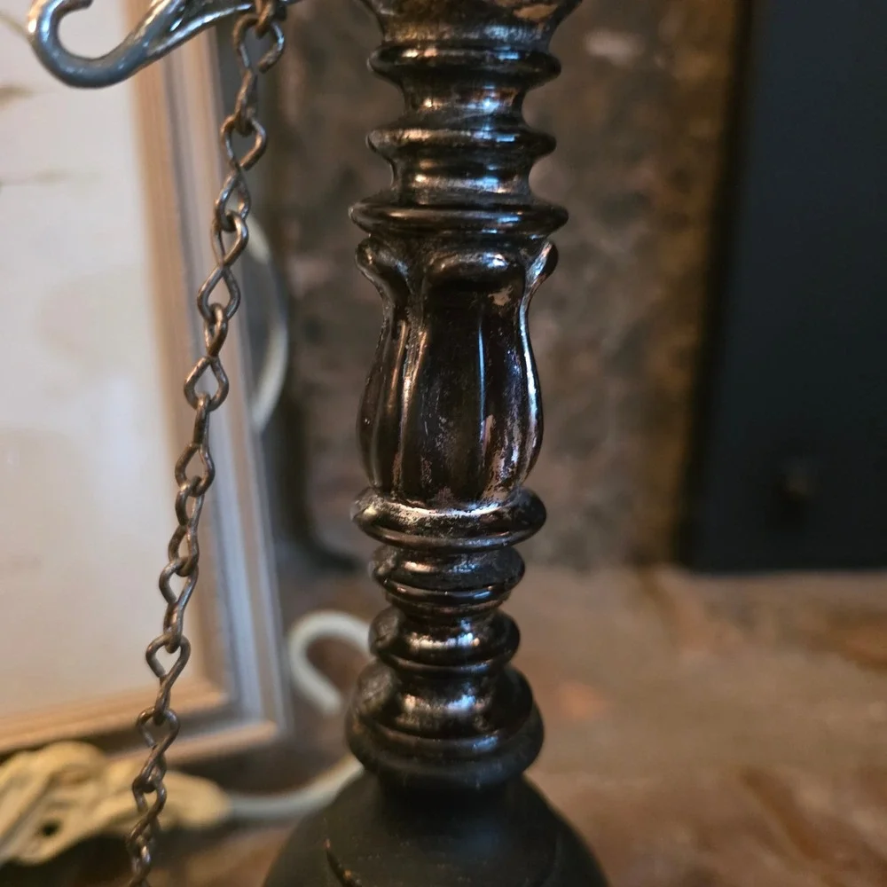 Vintage Silver Tone Metal Wood Candlestick Holder with Attached Snuffer 9.5in